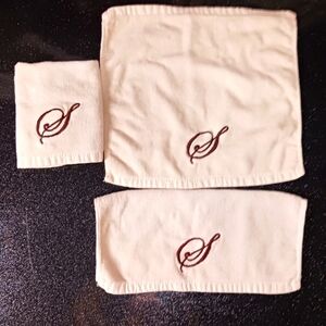 Vintage Set of 3 Cream Washcloths with Brown Embroidered Cursive S.